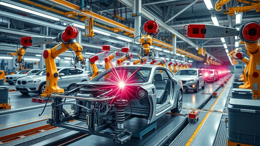 sleek automotive assembly line, robotic arms performing spot laser welding on a car chassis, expansive factory, bright laser flashes, metallic silver and red tones