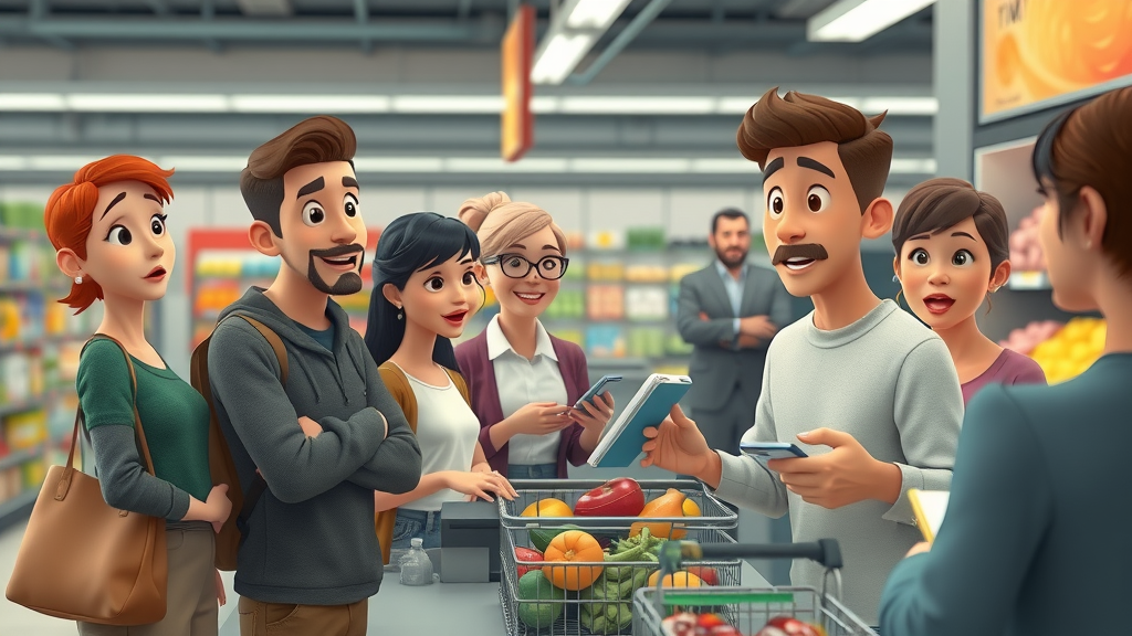 surprised shoppers at grocery store checkout encountering tariff-driven price increases