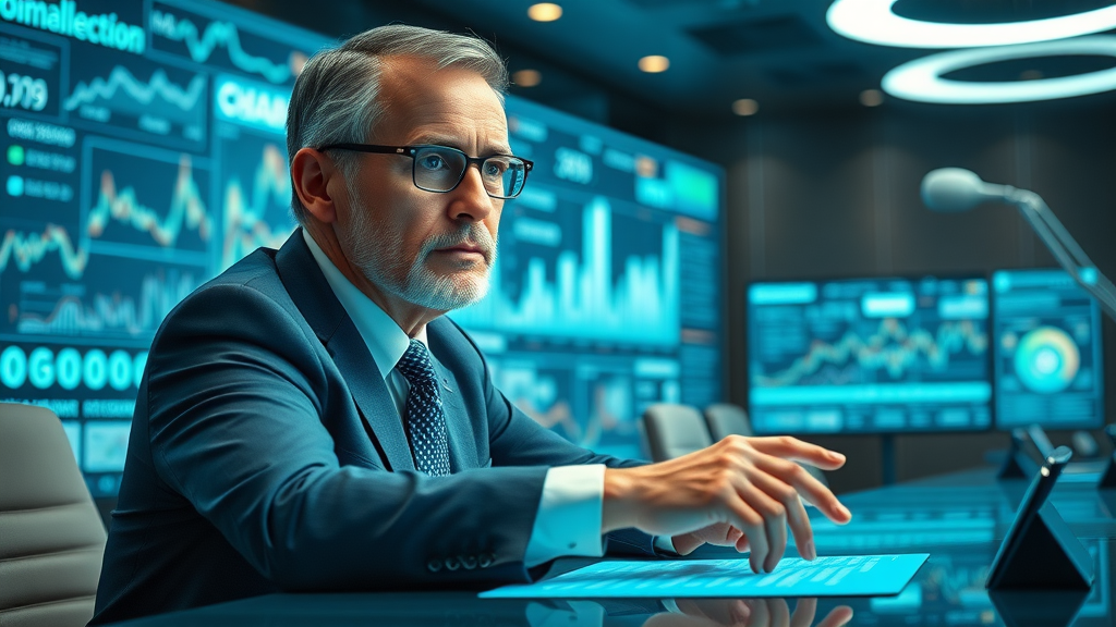 High-level policymaker discusses economic effects of tariffs with digital graphs and projected data.