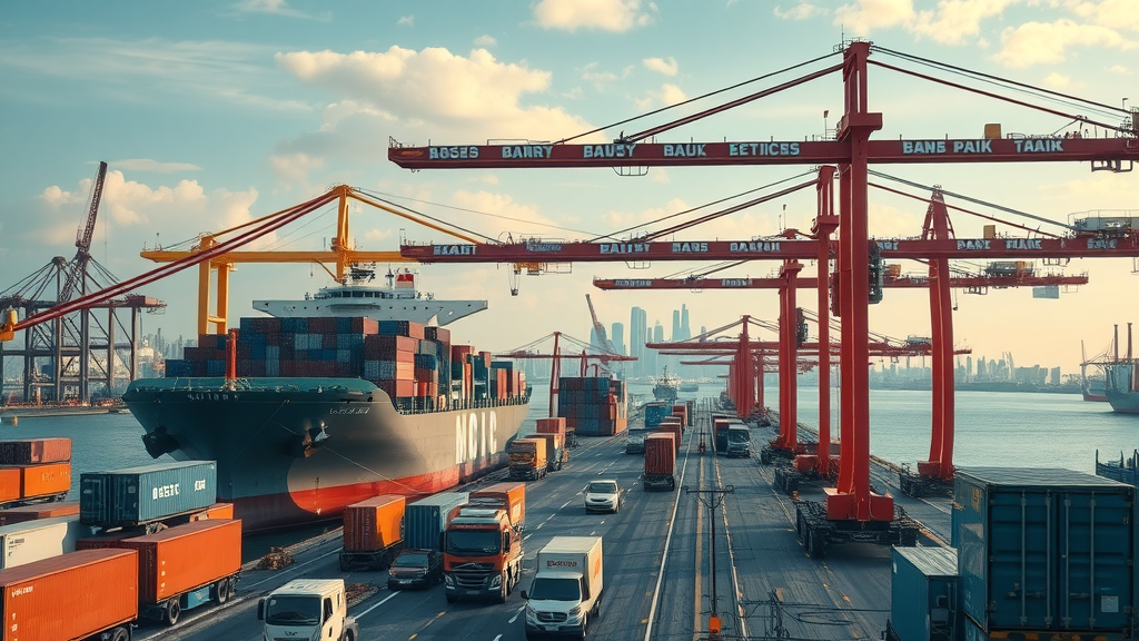 Global port with cargo ships and cranes illustrating tariffs and supply chain costs.