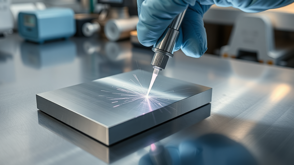 Polished stainless steel laser weld sample, flawless seam, inspected by gloved hand, focus on strong, clean laser welded joint, laboratory environment, metallic and light blue tones