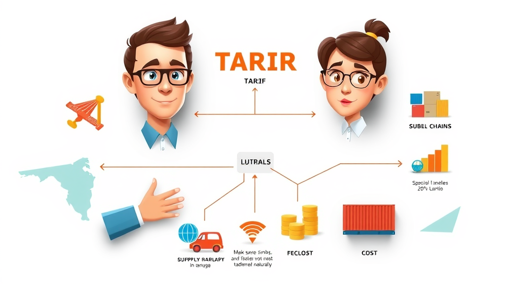 Infographic of tariffs, supply chains, and costs in global trade.