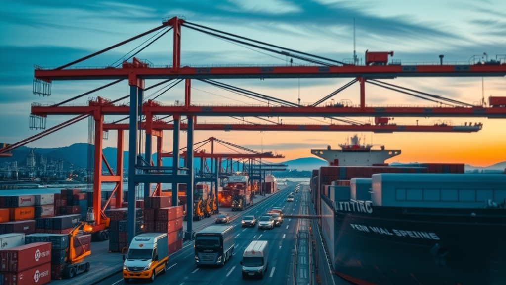 Modern container port at dusk showcasing global supply chain and international trade flows