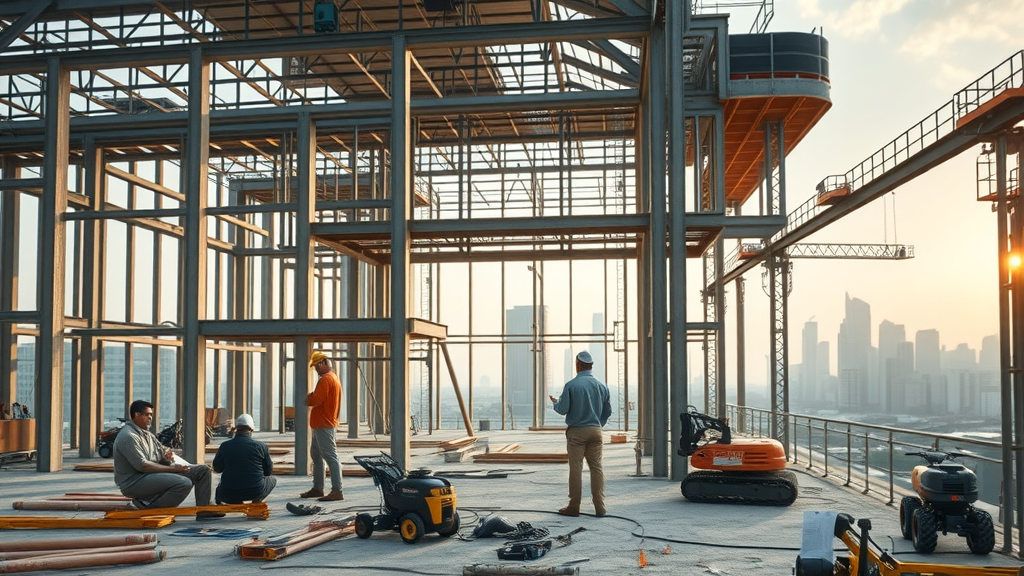 Engineers and architects on site using steel framing solutions for office build