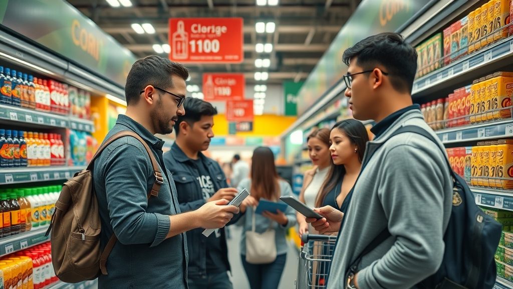 impactful global marketplace with consumers examining price tags on American and foreign products showing visible price changes due to US tariffs