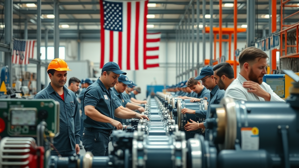 US steel and aluminum industries gaining from tariffs, vibrant modern factory with efficient workers and machinery, US flag in background