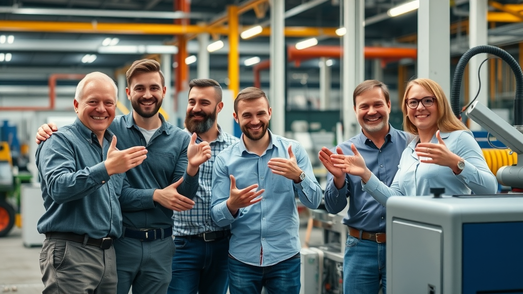 Manufacturing team celebrating improved throughput and low scrap near a smooth-running automated laser welding line, visible advanced machinery