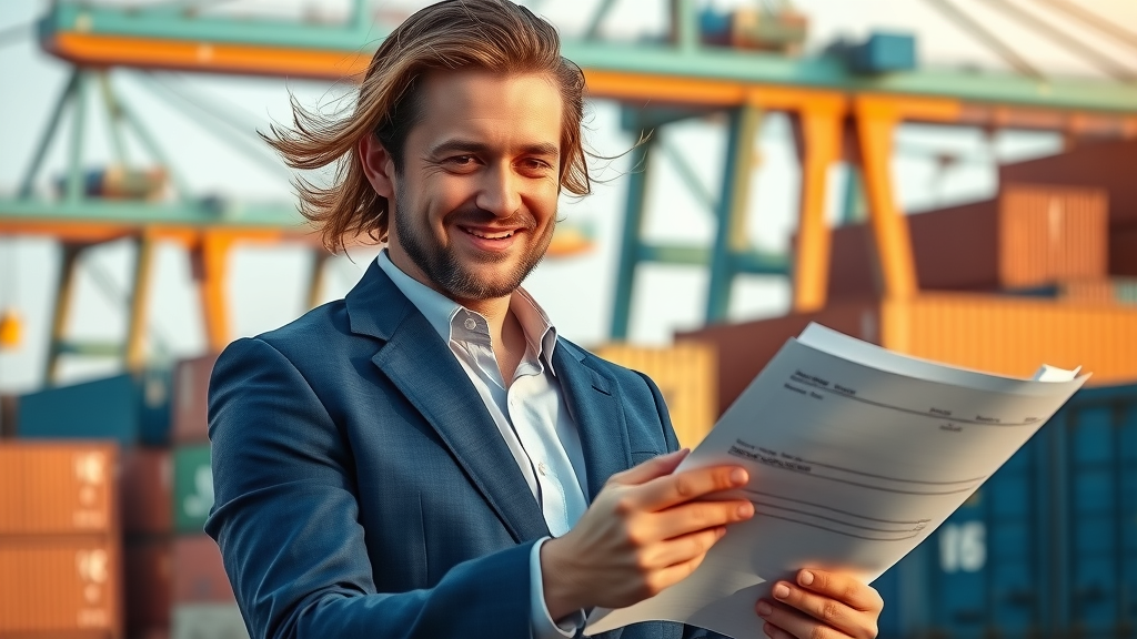 confident professional customs broker reviewing import-export documents at a busy port