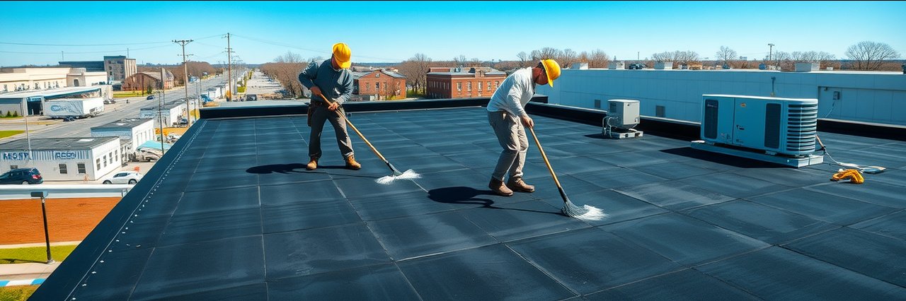 Commercial construction Connecticut workers maintaining flat roof in sunny suburban area