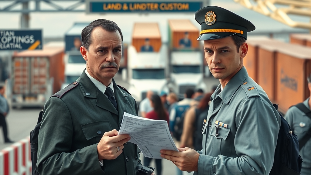 focused customs officers inspecting cross border logistics shipment documents and sealed cargo at a busy land border crossing with shipping containers and people waiting in line