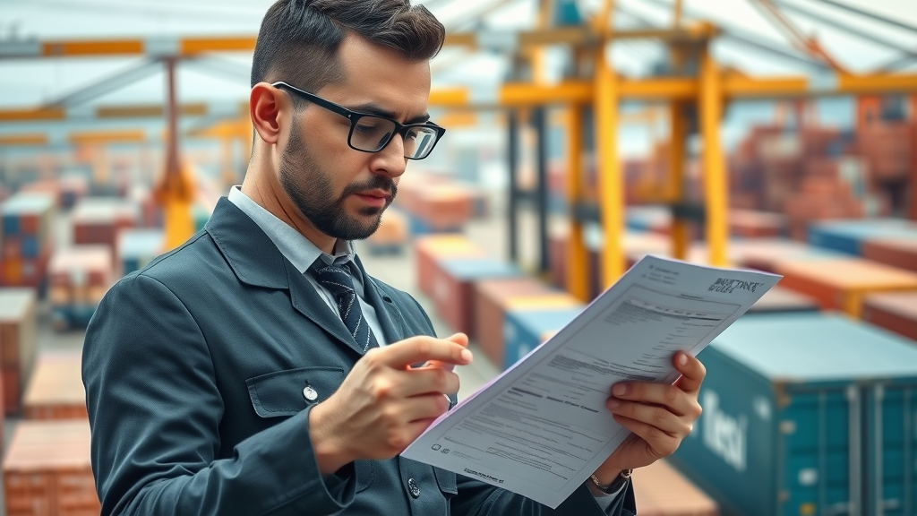 import export documentation customs officer reviewing shipping documents at a busy international port