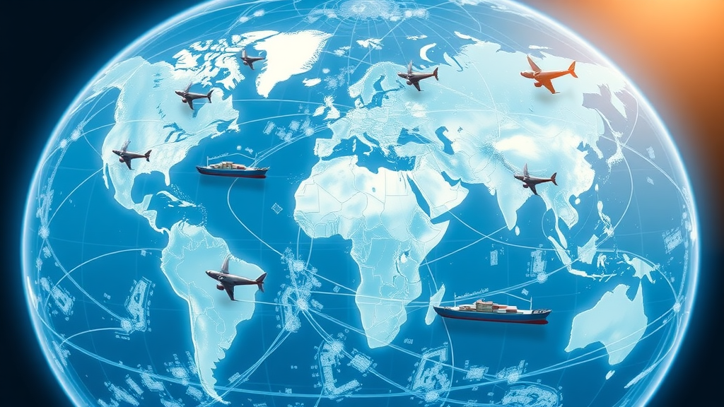 Dynamic world trade routes map showing major shipping lanes and interconnected global regions for a global trade review