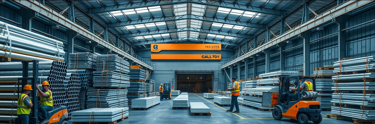 Distributor of steel and aluminum products warehouse with workers and metal stacks