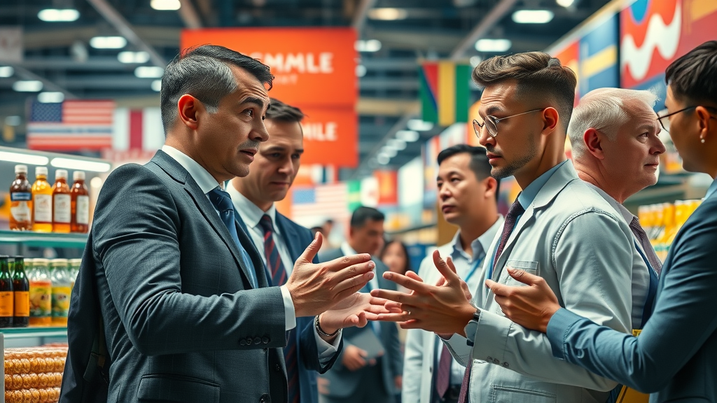 animated market rivalry with businesspeople at trade expo competing for shelf space, main keyword: market access