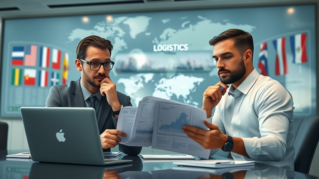 professional cross border logistics consultants reviewing international shipping documents and global maps in a corporate meeting room