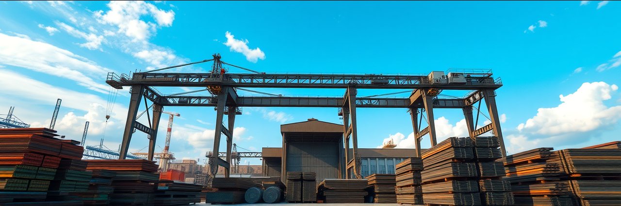 Steel plate burning yard with stacked metal beams and overhead cranes in daylight