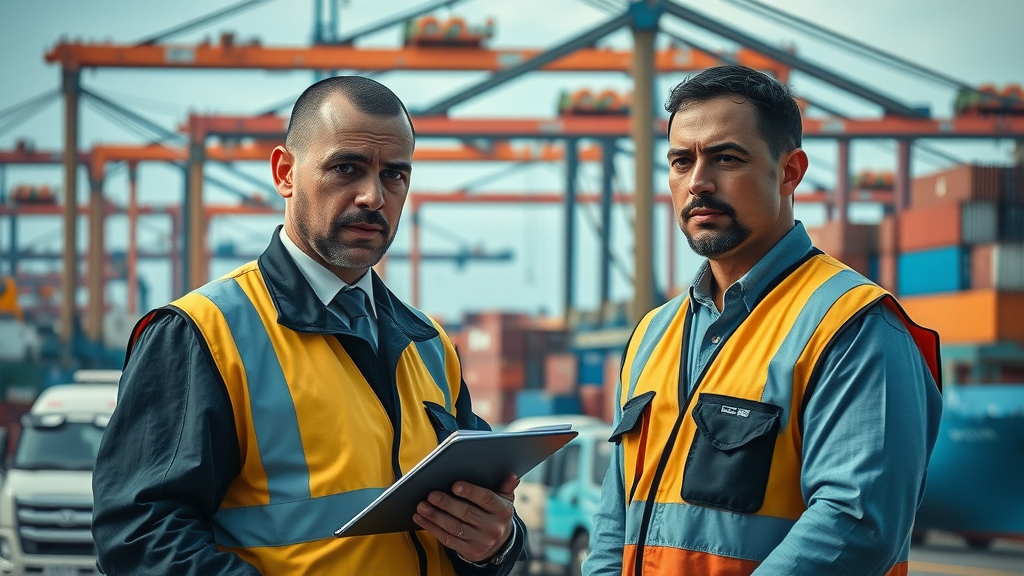 Dramatic global trade port with workers analyzing mineral shipments; mineral tariff changes on supply chains
