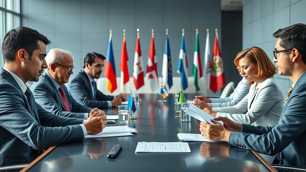International negotiation table, diplomats discussing reciprocal tariffs and customs duties news in modern global trade conference