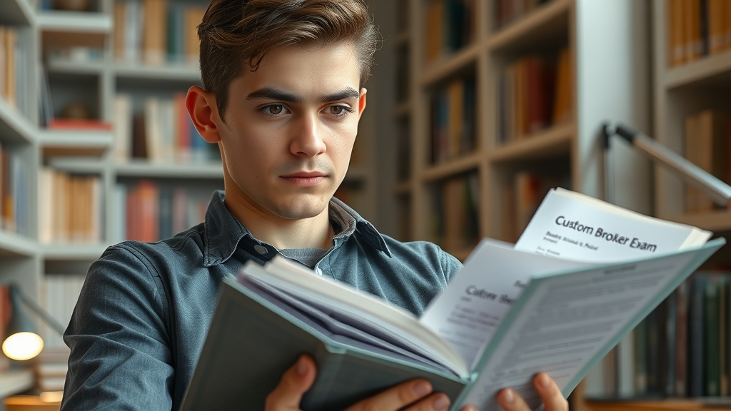 Young professional preparing for the custom broker license exam in 2025, highlighting updated study materials