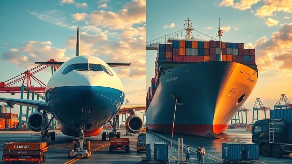 modern cargo airplane and massive sea freight container ship being loaded at bustling international ports and airports, illustrating cross border logistics options for urgent and bulk shipments