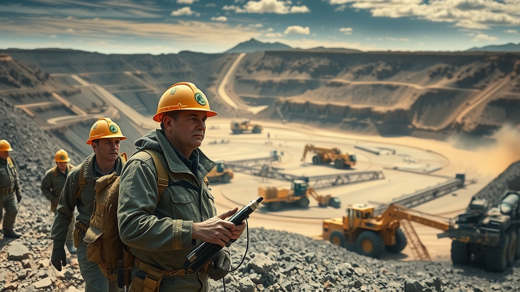 tariff impact on mining dramatic mining landscape with sprawling open-pit mine and machinery, highlighting supply chains