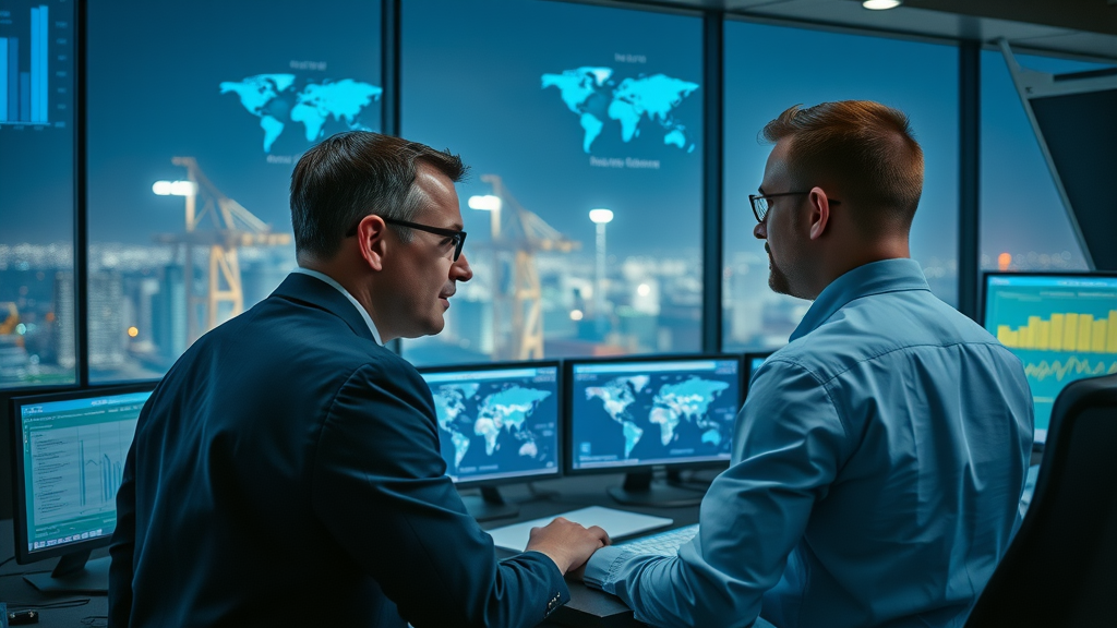 Supply chain managers in digital logistics control room analyzing data.