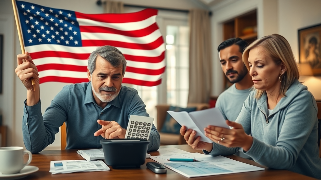 Split-screen of U.S. flag and anxious family at kitchen table, highlighting emotional toll of inflation and economic patriotism