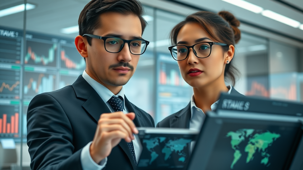 modern data analysts examining international trade data on digital screens in a business office, highlighting economic trade trends