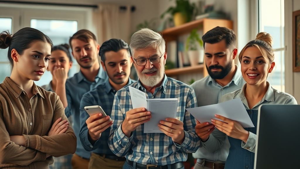diverse group of American workers impacted by inflationary pressures from tariffs, examining paychecks and household budgets