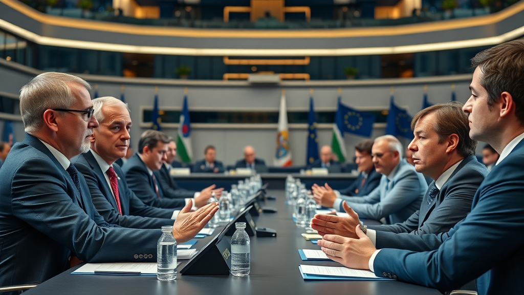 European Union officials discussing trade war tariffs policy at conference with EU and global flags
