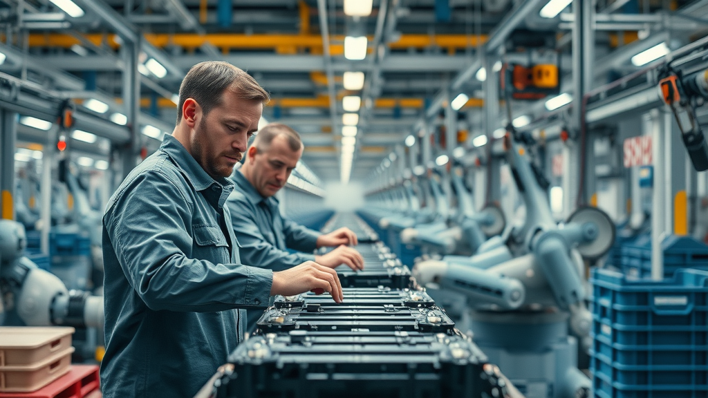 Engineers inspecting EV batteries on assembly line; industries impacted by mineral tariff changes