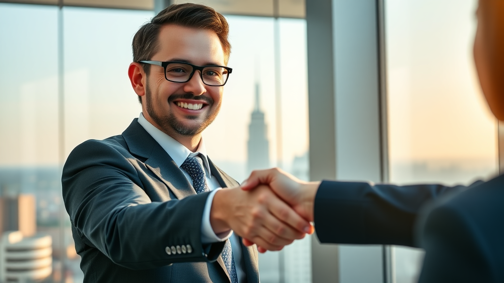 Licensed customs broker in the United States shaking hands with client in modern office