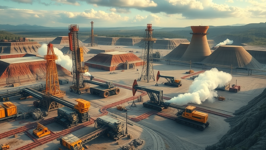 extraction site with mining equipment and oil rigs operating together under regulatory oversight