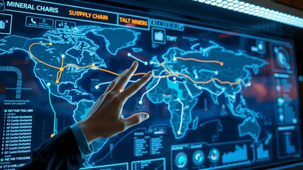 supply chain manager tracing conflict minerals with digital tracking map in control room