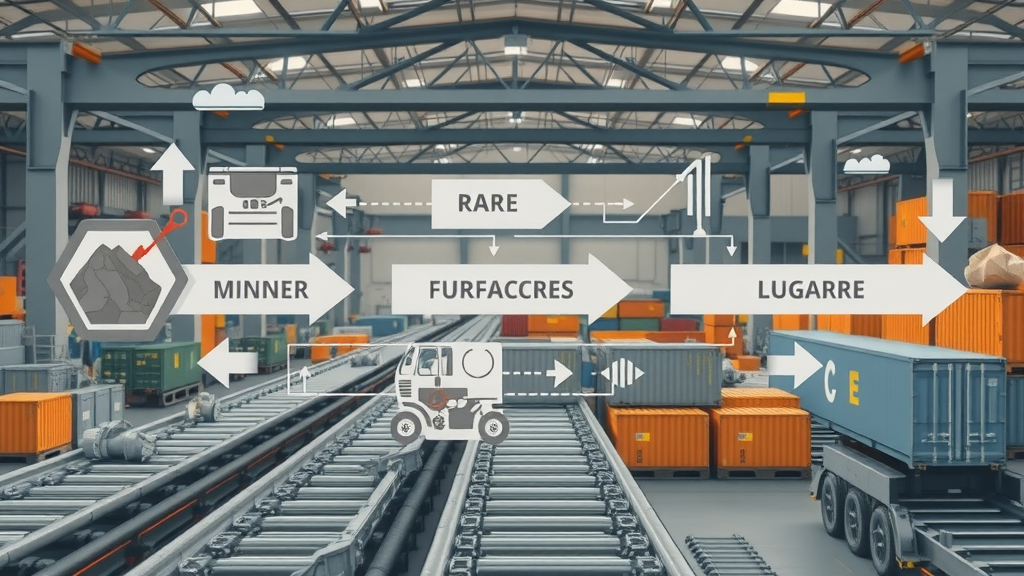 Supply chain diagram for rare earth minerals, illustrating process flow and impact of mineral tariff policy on global supply chains