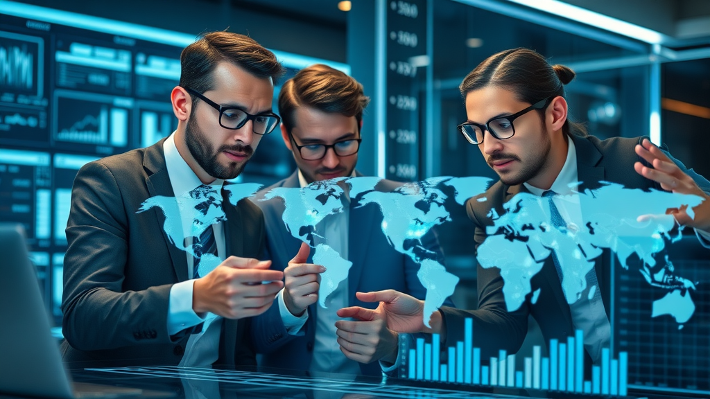 team of economists collaborating, reviewing technology-driven trade analytics, fostering innovation through foreign trade policy in a futuristic digital office