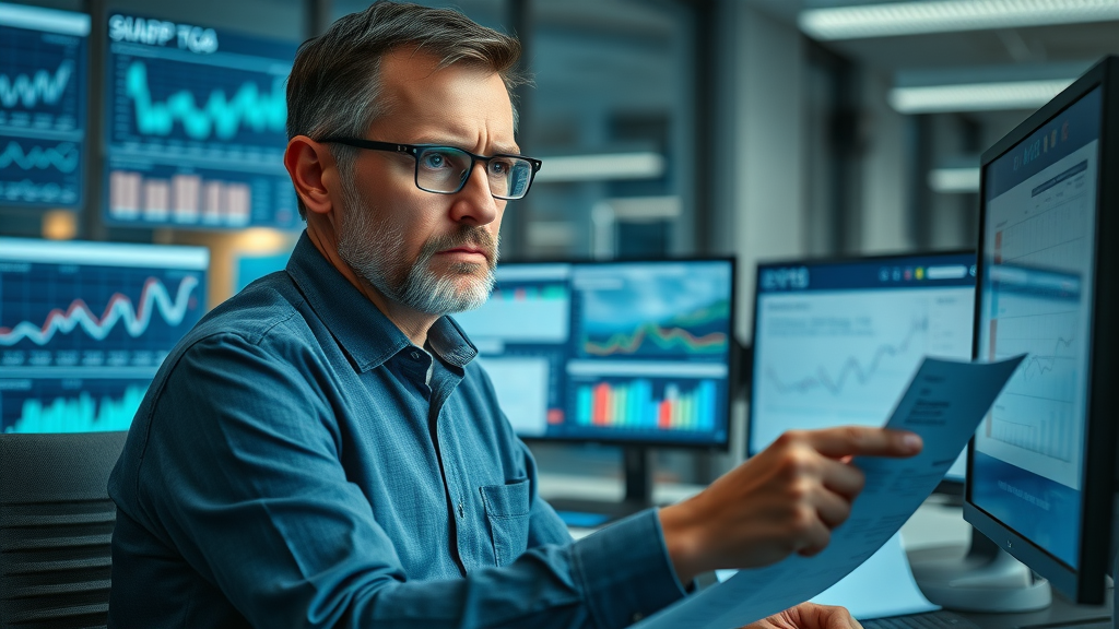 stressed supply chain manager analyzing impact of mineral tariffs on supply chain, digital charts and monitors expessing concern