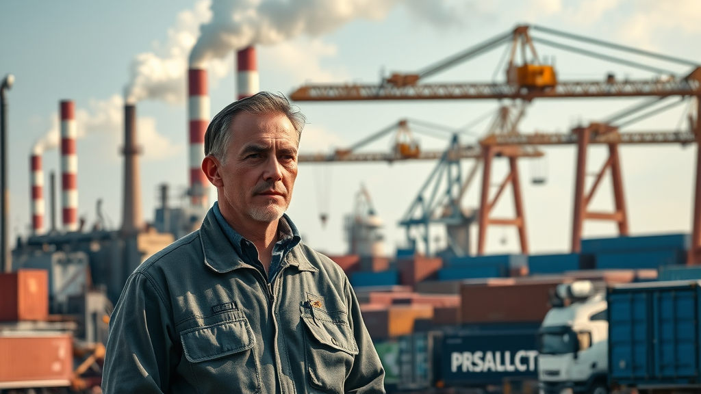 Juxtaposition of American steel mill and electronics import docks, illustrating impact of tariffs on domestic and imported goods, U.S. industrial sector focus