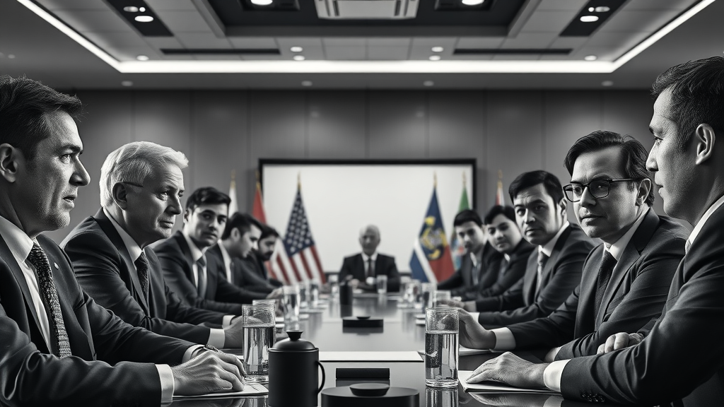 global business leaders discussing economic downturn caused by trade war 2025 in modern boardroom with world flags