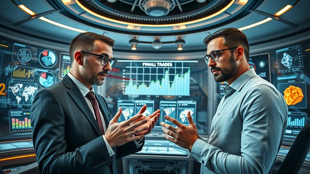 Futuristic global business hub, executives with holographic trade charts, future of mineral tariff rates in world trade