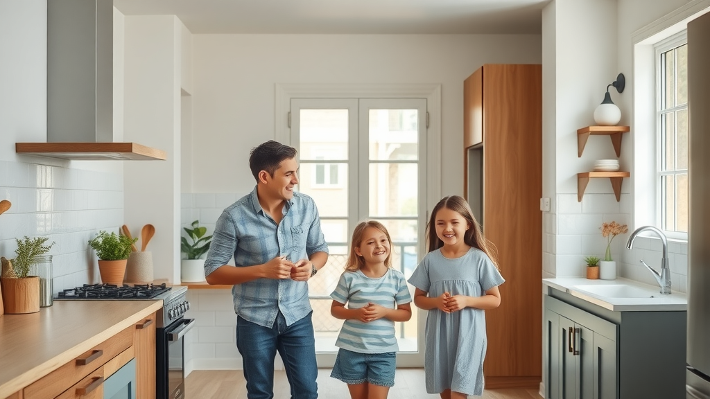 Family enjoying their newly renovated kitchen and bathroom with modern design.