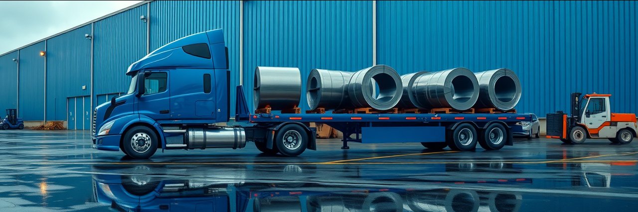 Nucor sustainable industry with blue semi truck and steel coils at factory
