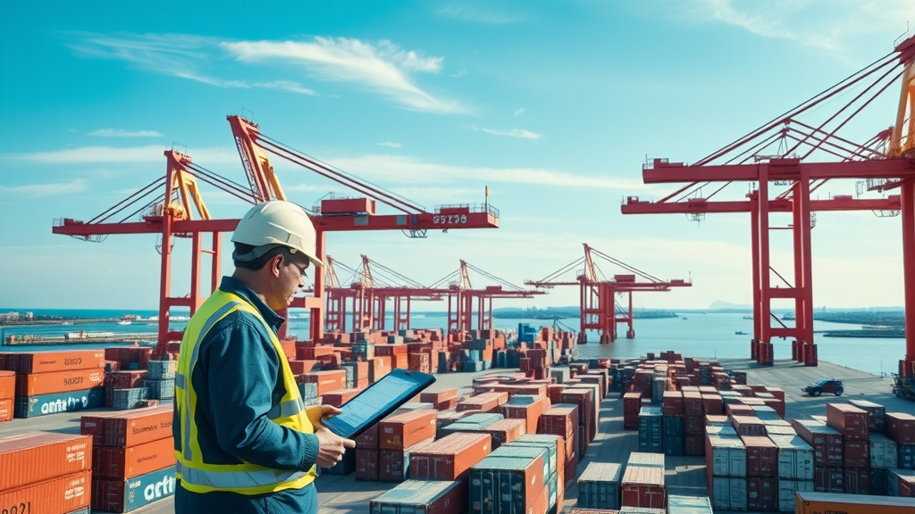modern international shipping port with customs officers and bustling logistics in the United States, harmonized tariff schedule