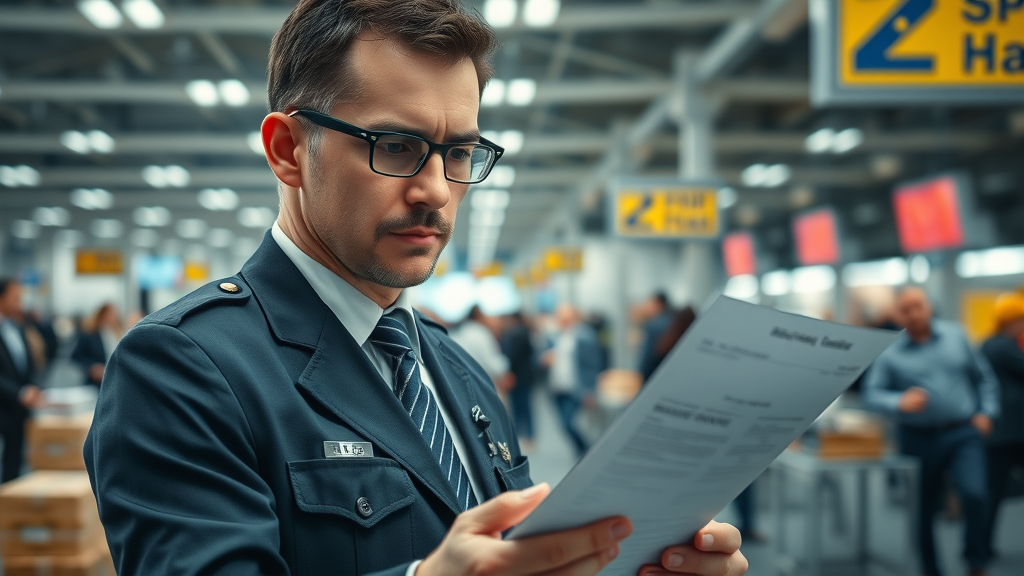 Customs clearance process at a busy border checkpoint with professional customs officer focusing on import-export documents, modern facility