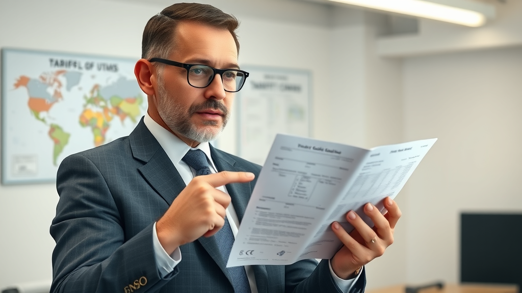 authority figure explaining US tariff schedule and harmonized tariff codes on digital tablet in the United States