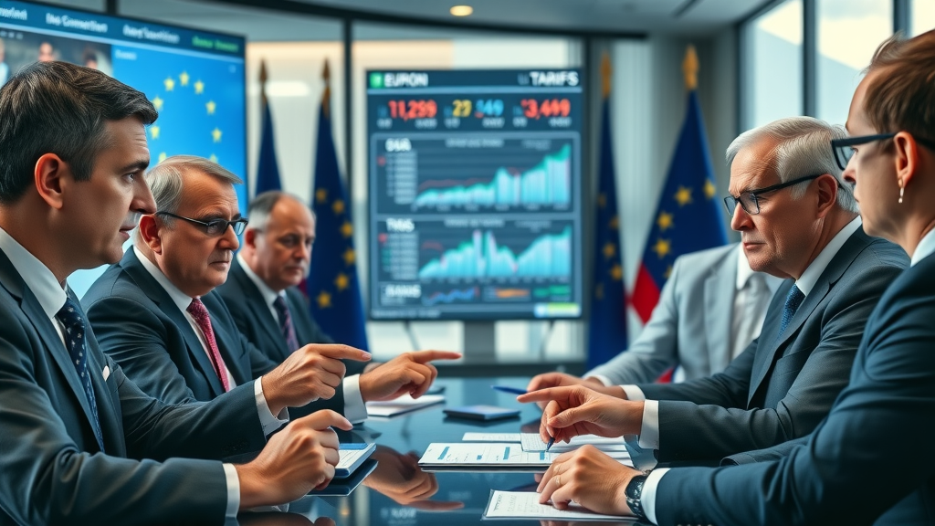 European politicians and business leaders discussing responses to US tariffs impact