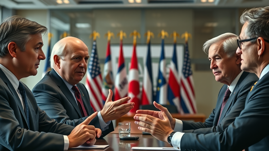 Intense negotiation scene between US and international trade officials on tariff-affected products
