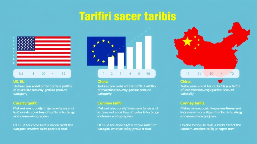 Infographic with US, EU, and country flags comparing tariff rates on chinese goods