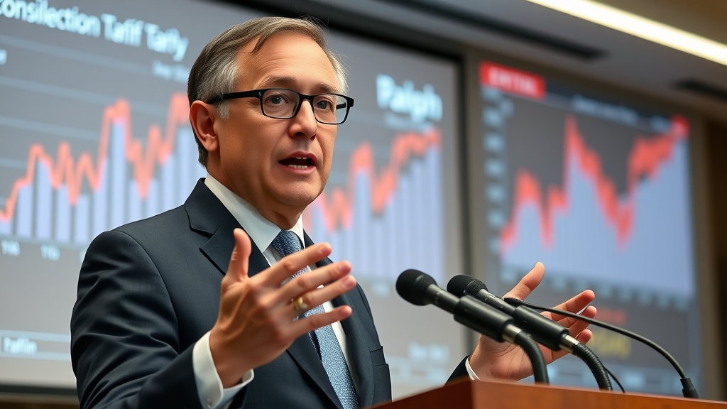 Respected economist at press conference explaining tariff impact on inflation and U.S. consumers