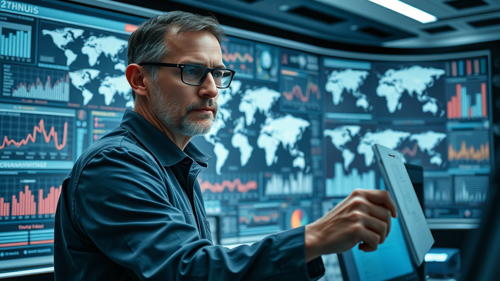 Analyst using government dashboards to review tariff policy changes